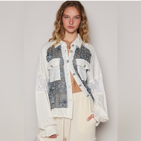 POL Jackets & Blazers - Rare POL White and Dusty Blue Patchwork Shacket Rosettes Pearls & Lace Sleeves